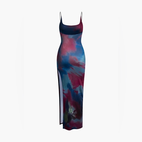 Micas Tie Dye Backless Slit Slip Midi Dress L 011-21 - Picture 3 of 7